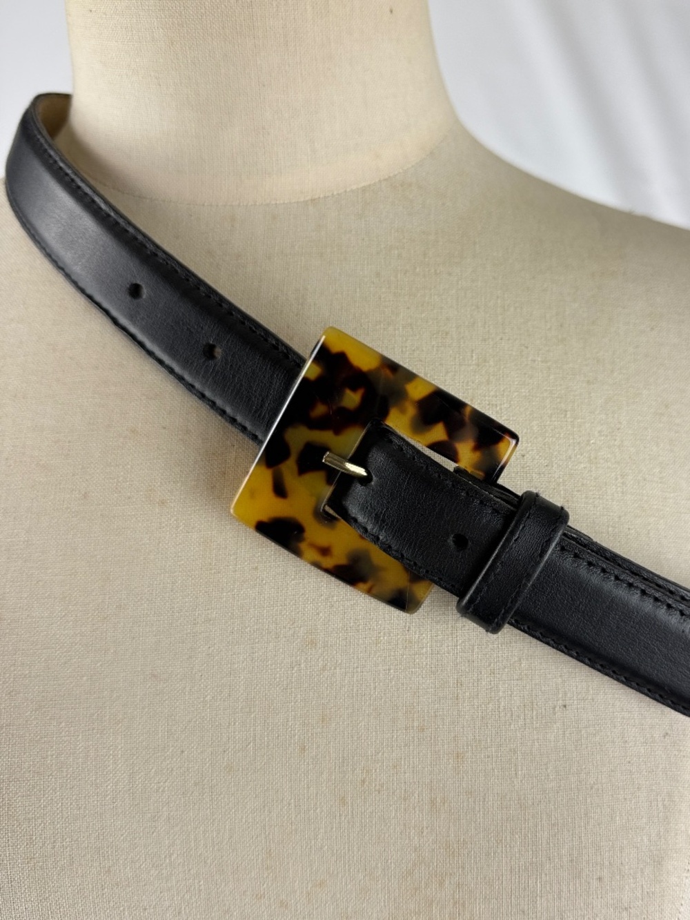 Vintage 1990s Black Leather Belt M with Faux Tortoiseshell Buckle by Pearl